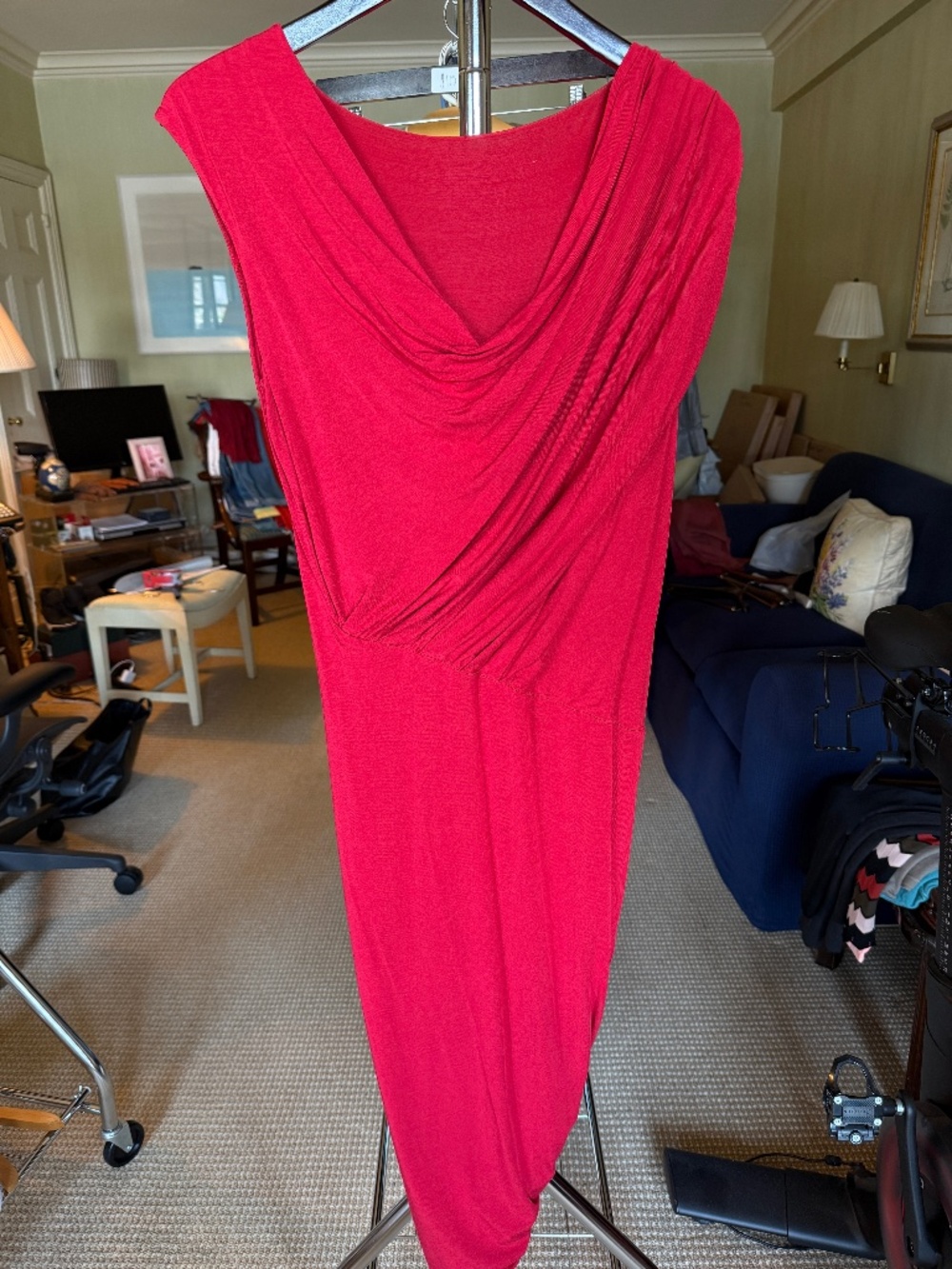 Red Draped Cowl Neck Asymmetrical Cocktail Dress Stretch Midi Size L